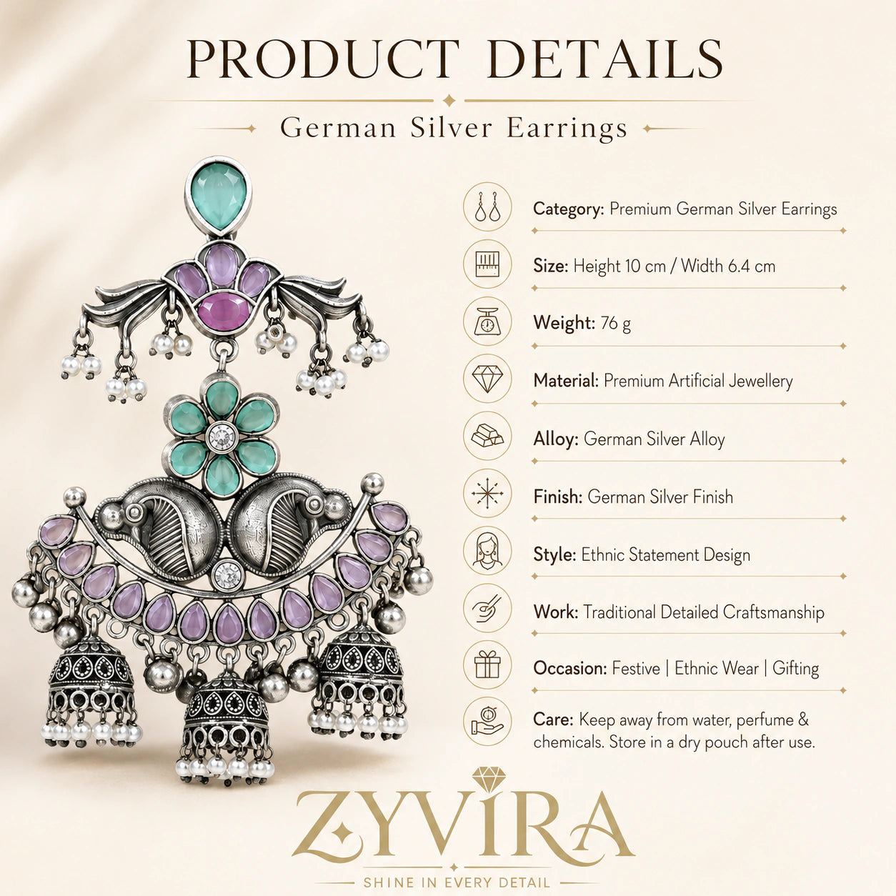 Product details card for German silver mint purple pearl chandelier earrings