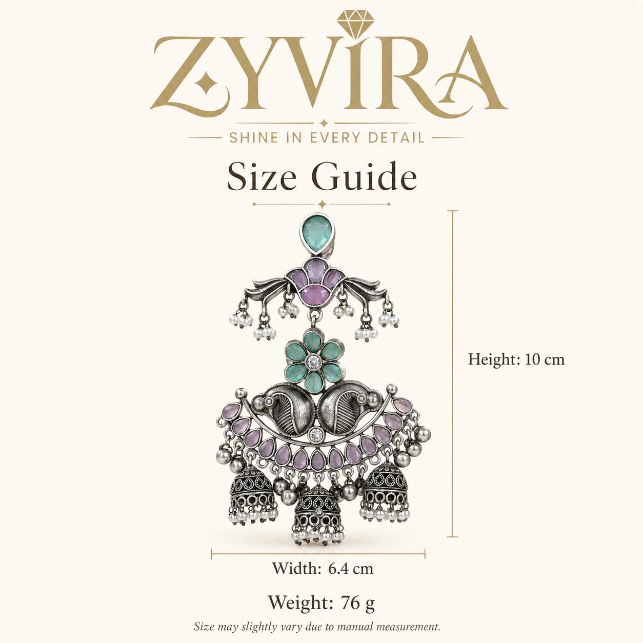 Size guide showing the proportions of mint purple pearl chandelier earrings