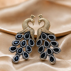 German silver navy crystal-style peacock chandelier earrings