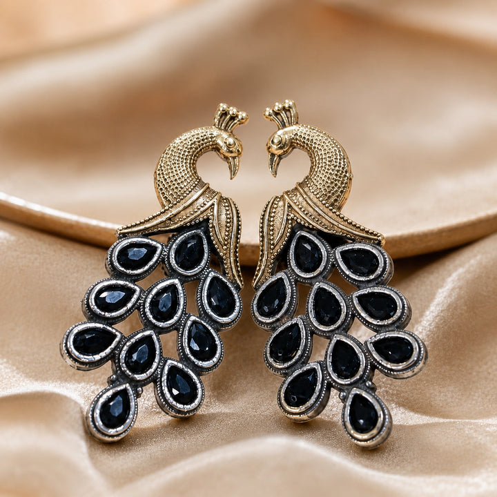 German silver navy crystal-style peacock chandelier earrings