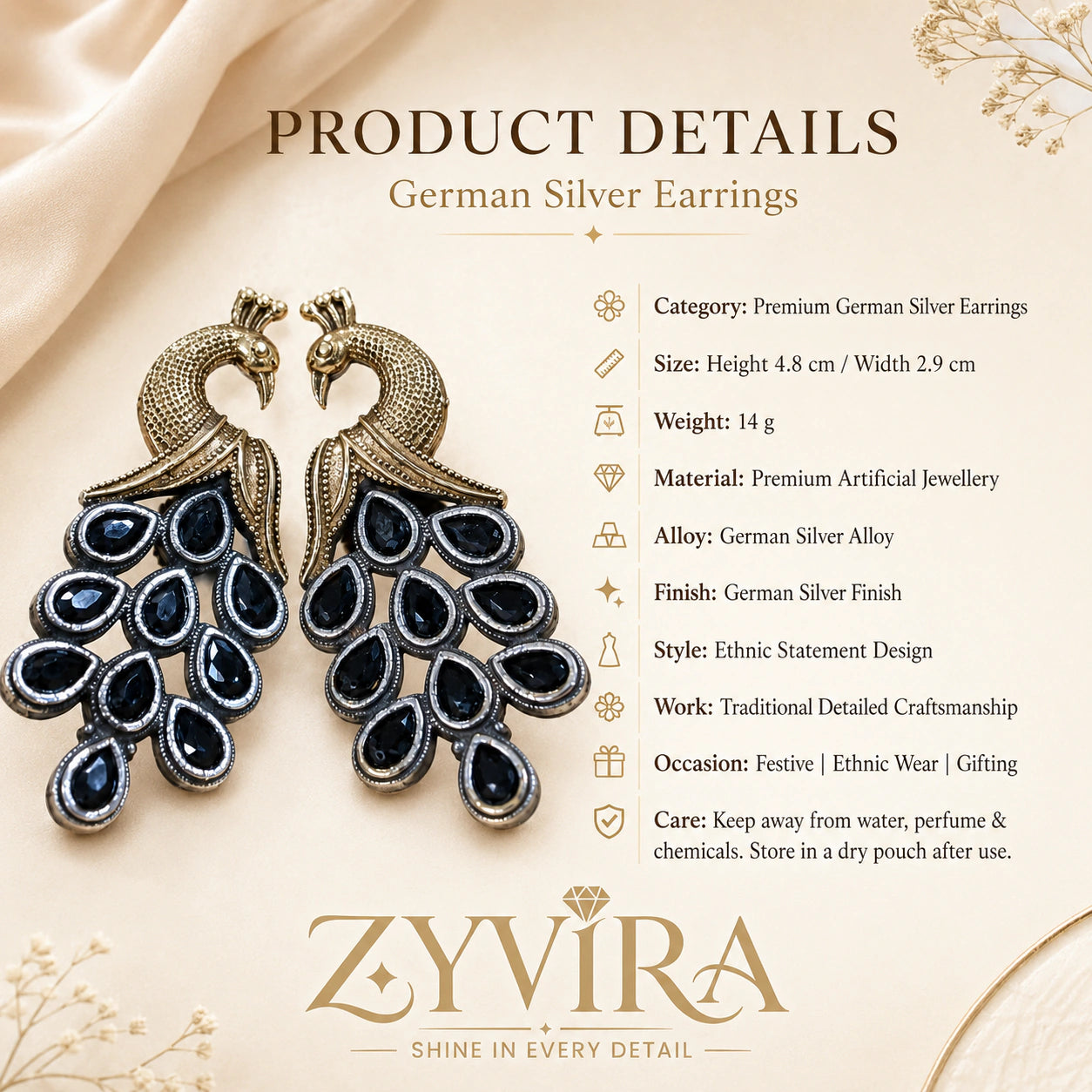 Product details card for German silver navy peacock chandelier earrings