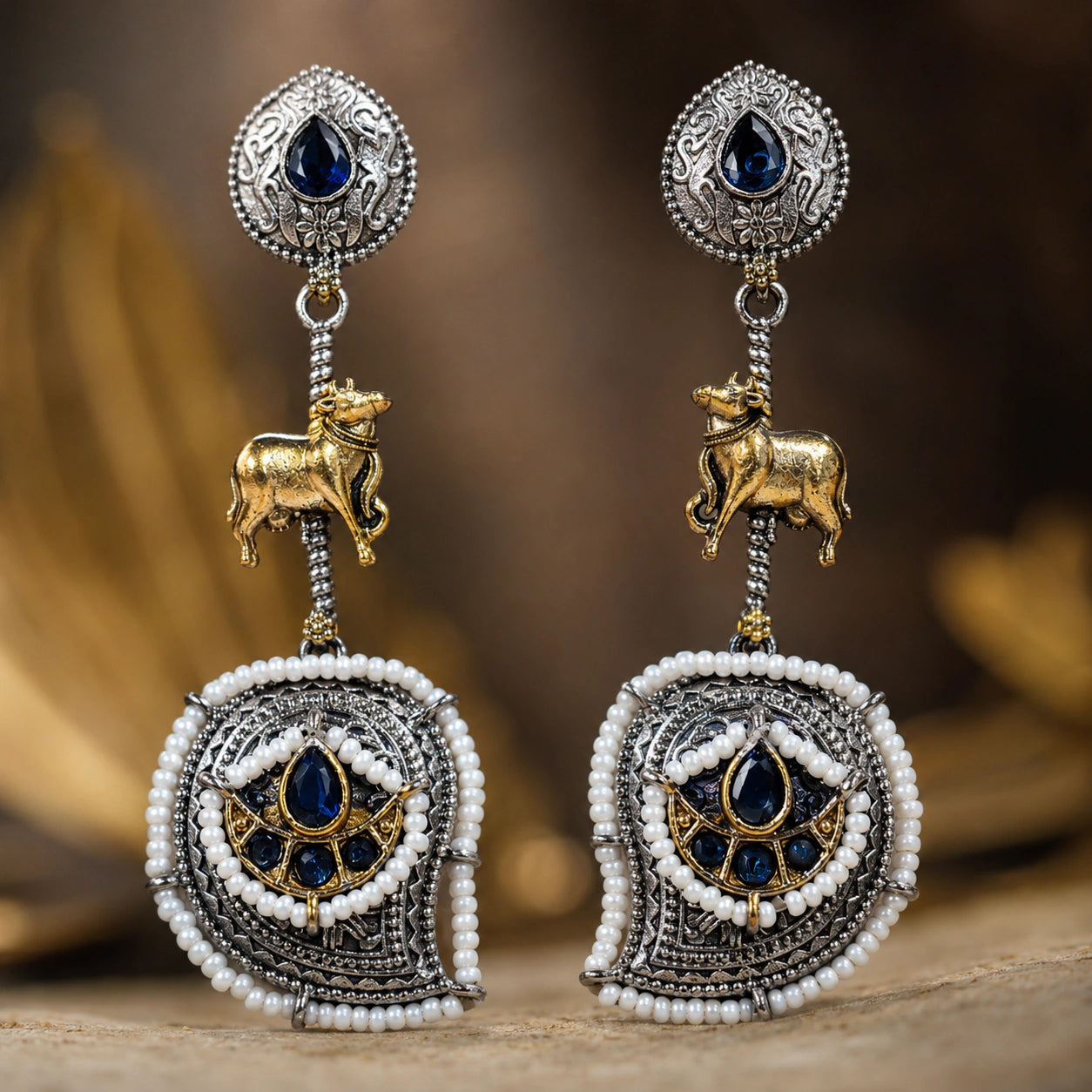 Close-up of navy blue accents, cow motifs and pearl chandelier detailing