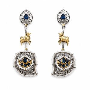 German silver navy blue pearl cow-motif chandelier earrings