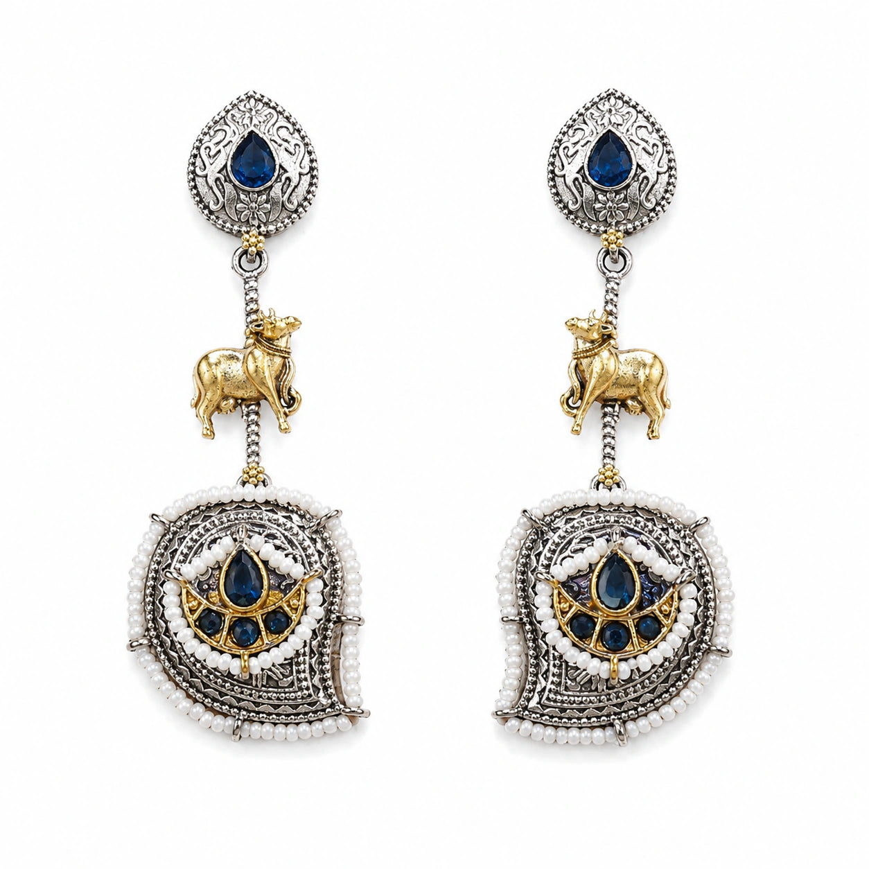 German silver navy blue pearl cow-motif chandelier earrings