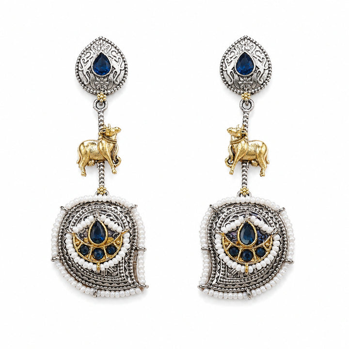 German silver navy blue pearl cow-motif chandelier earrings