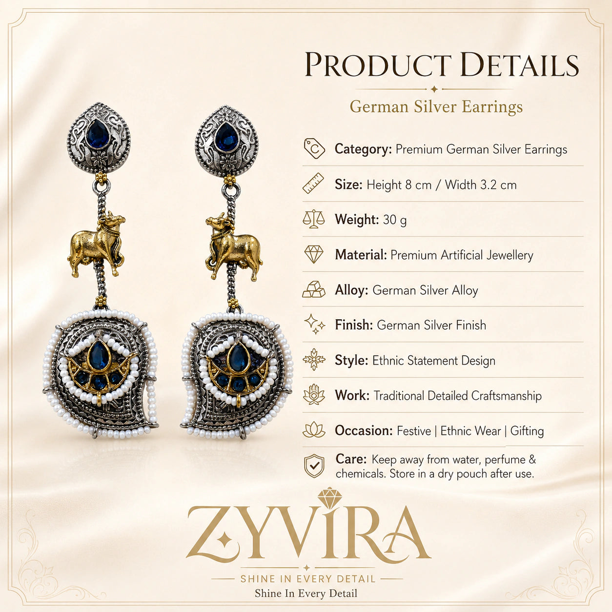 Product details card for German silver navy pearl cow chandelier earrings