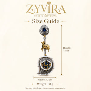 Size guide showing the proportions of navy pearl cow chandelier earrings