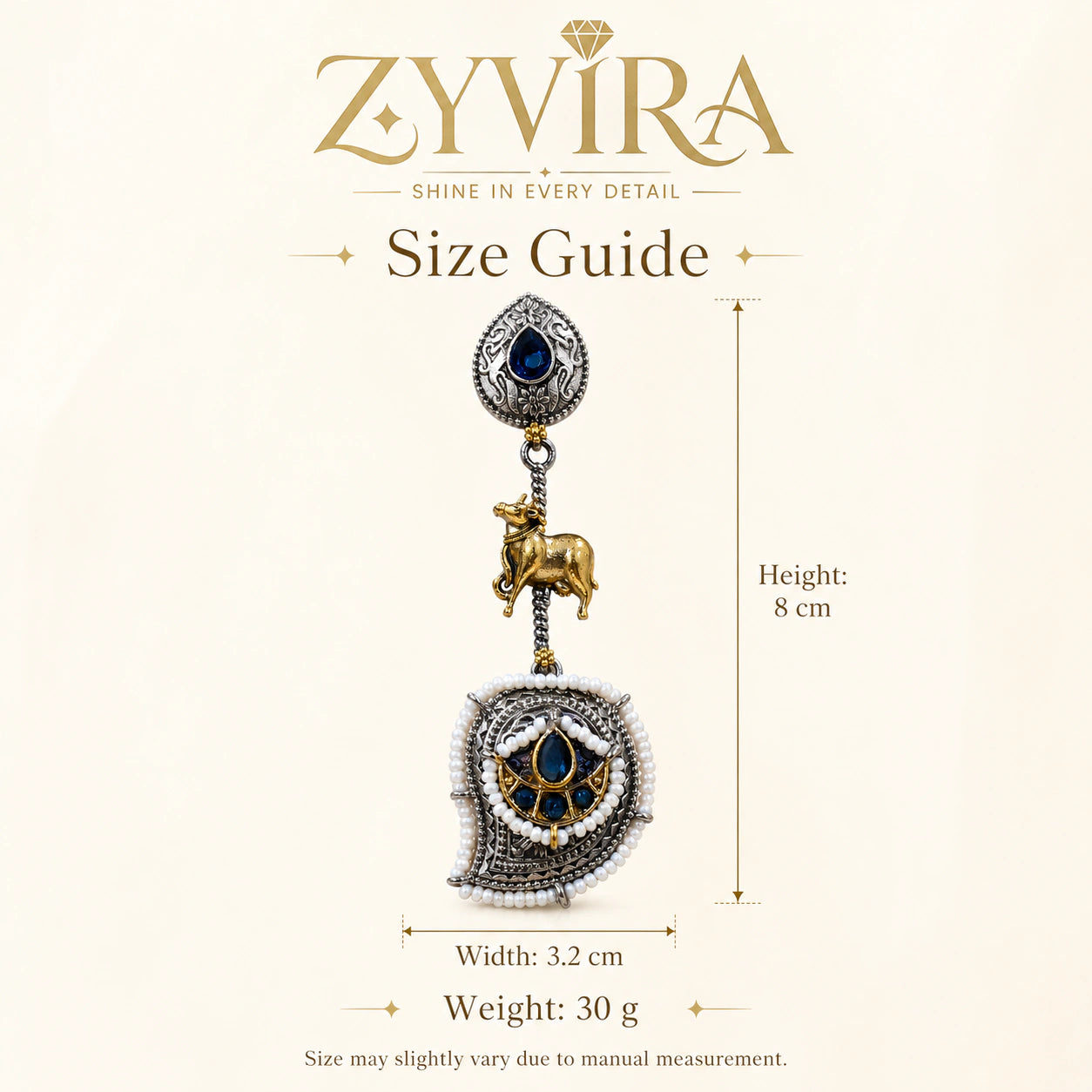 Size guide showing the proportions of navy pearl cow chandelier earrings