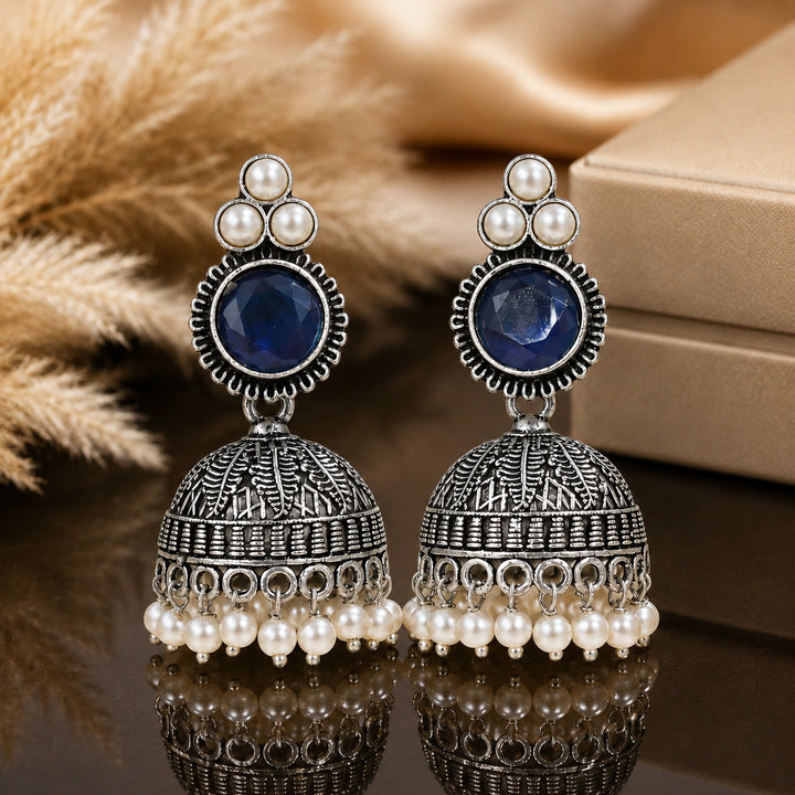 German silver navy blue pearl-style dome jhumka earrings