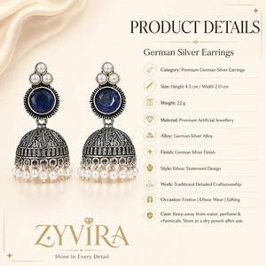 Product details card for German silver navy blue pearl-style dome jhumka earrings