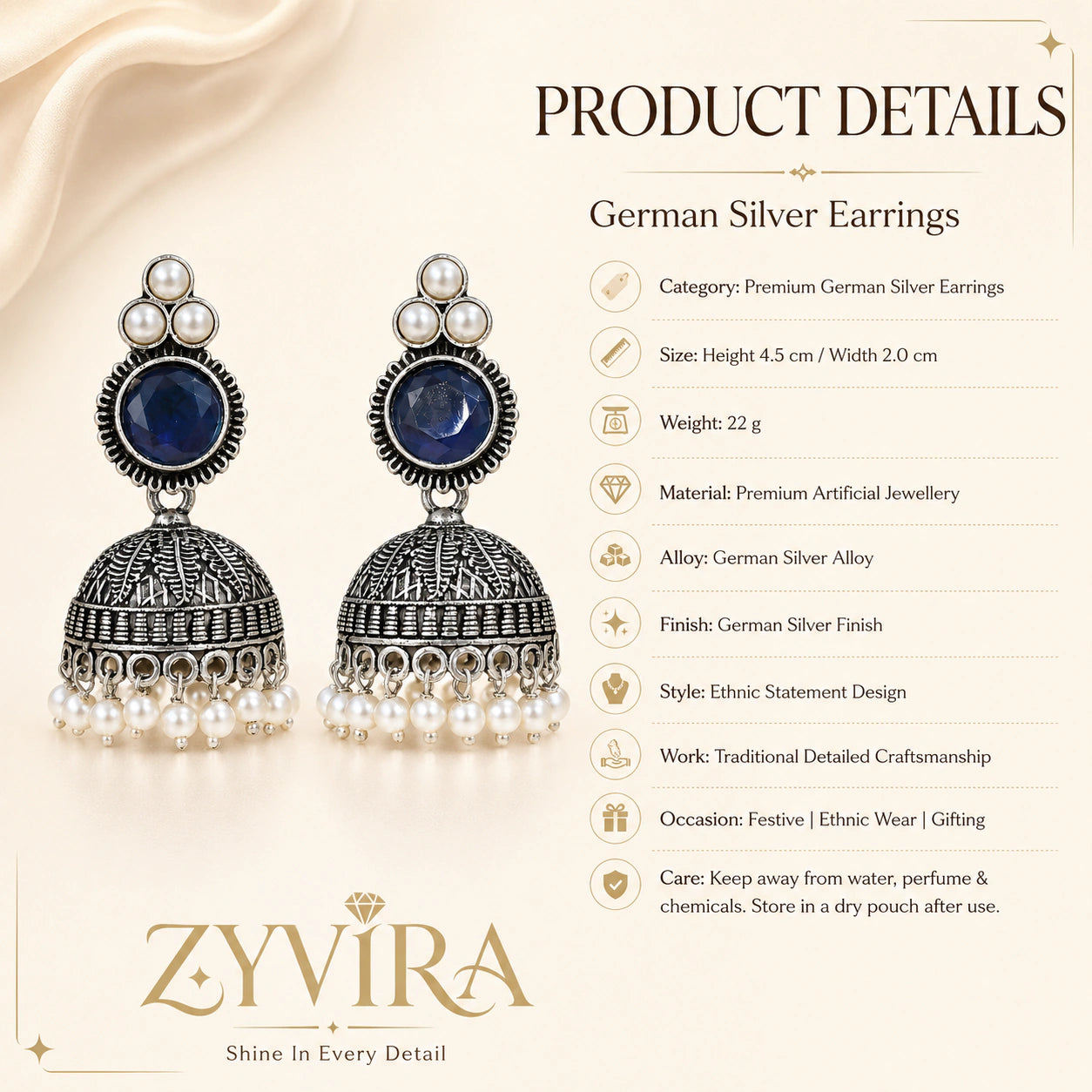Product details card for German silver navy blue pearl-style dome jhumka earrings