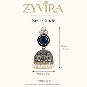 Size guide showing the proportions of navy blue pearl-style dome jhumka earrings