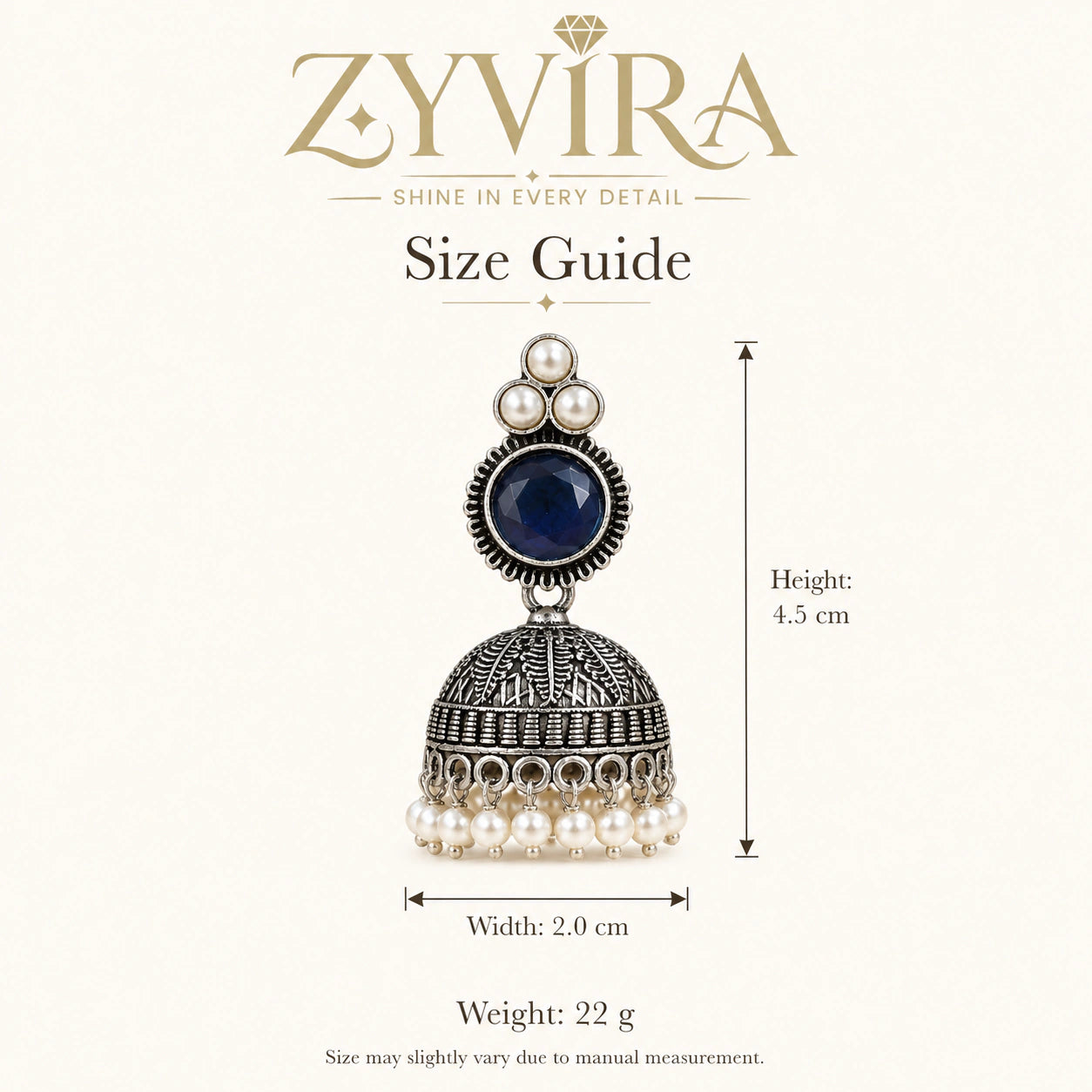 Size guide showing the proportions of navy blue pearl-style dome jhumka earrings