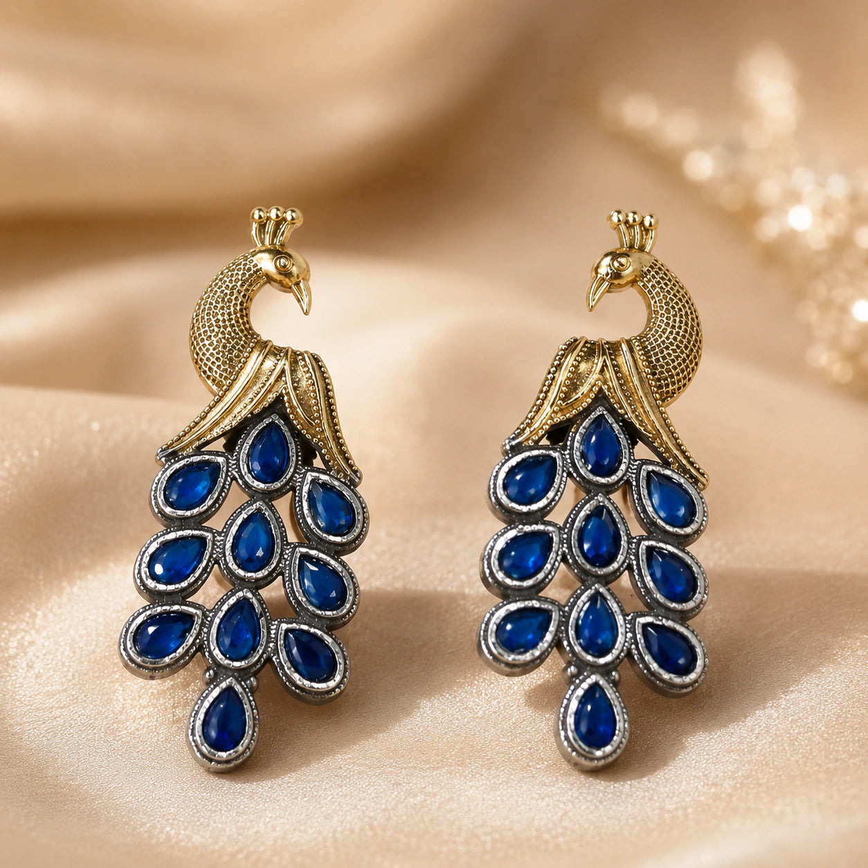 German silver peacock blue imitation-stone chandelier earrings