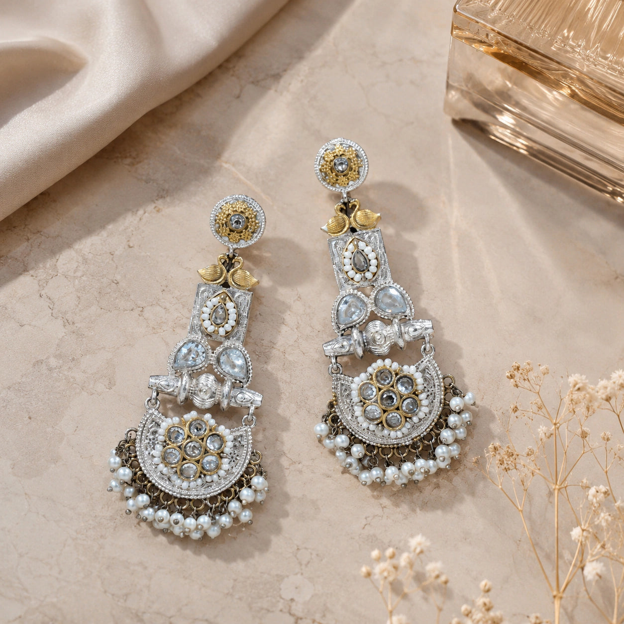 Alternate product view of German silver pearl-style crystal chandelier earrings