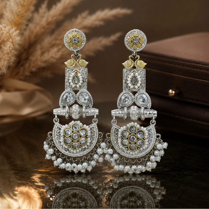 German silver pearl-style crystal chandelier earrings