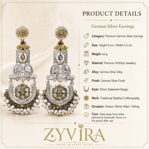 Product details card for German silver pearl-style crystal chandelier earrings