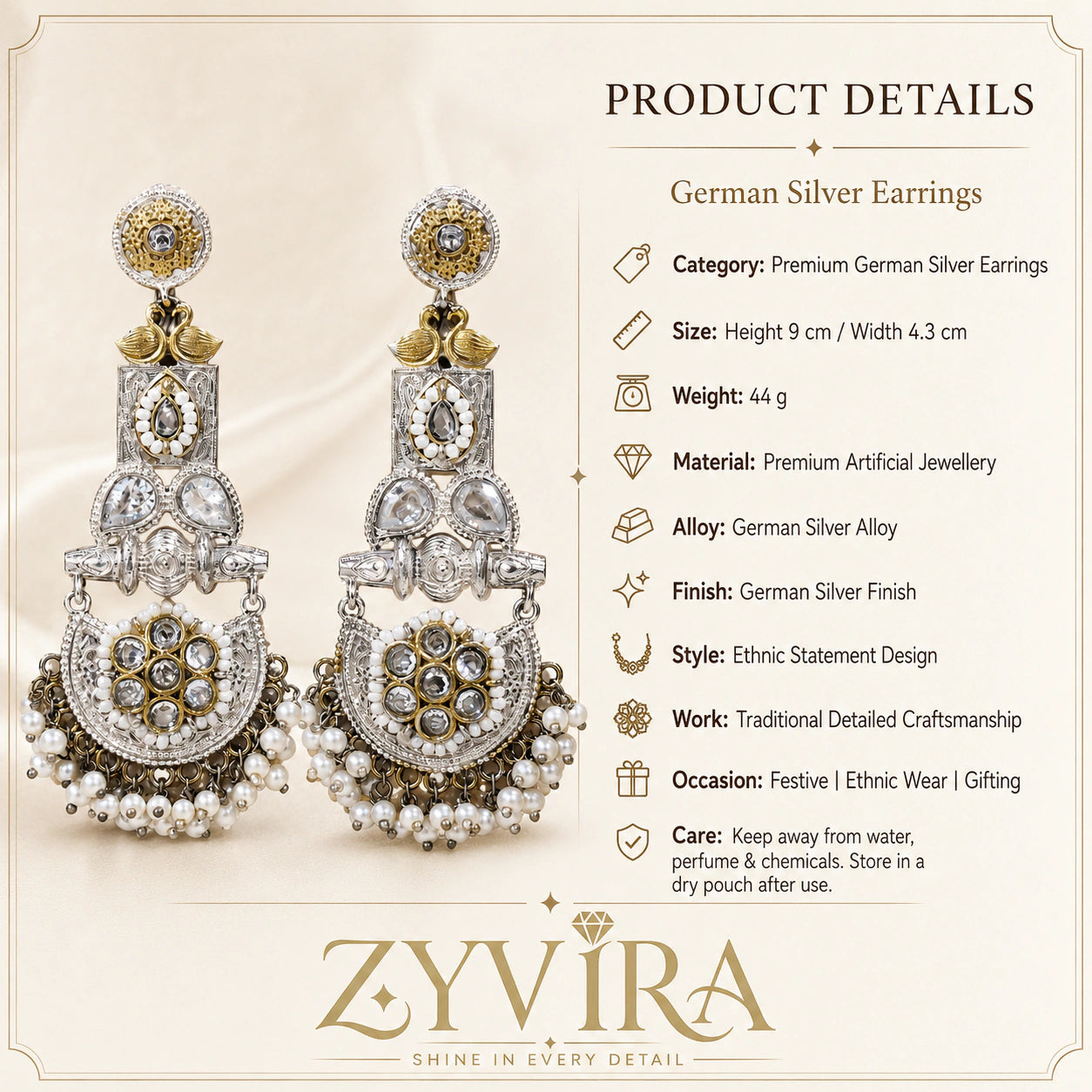 Product details card for German silver pearl-style crystal chandelier earrings