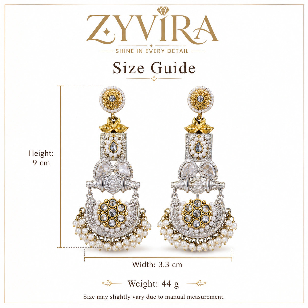 Size guide showing the proportions of pearl-style crystal chandelier earrings