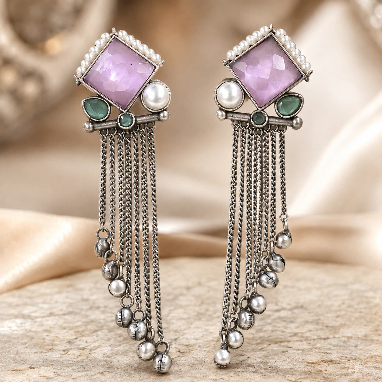 German silver pink pearl-style dangle earrings