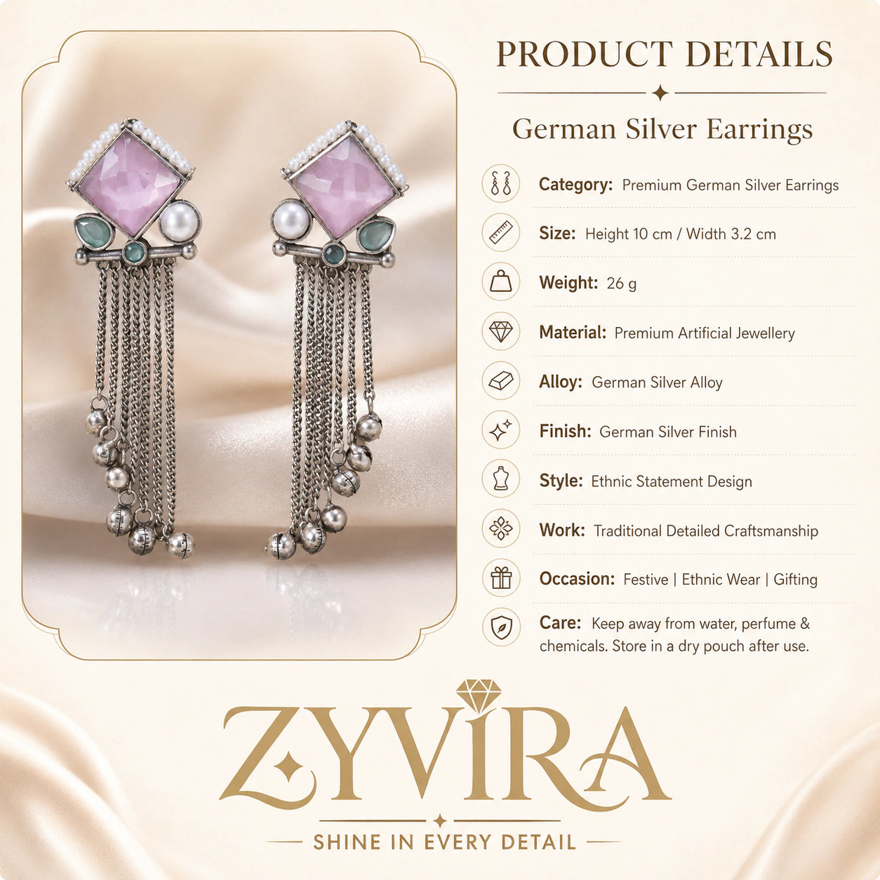 Product details card for German silver pink pearl-style dangle earrings