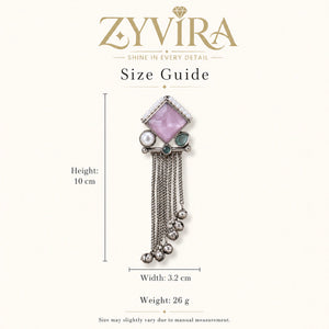 Size guide showing the proportions of pink pearl-style dangle earrings