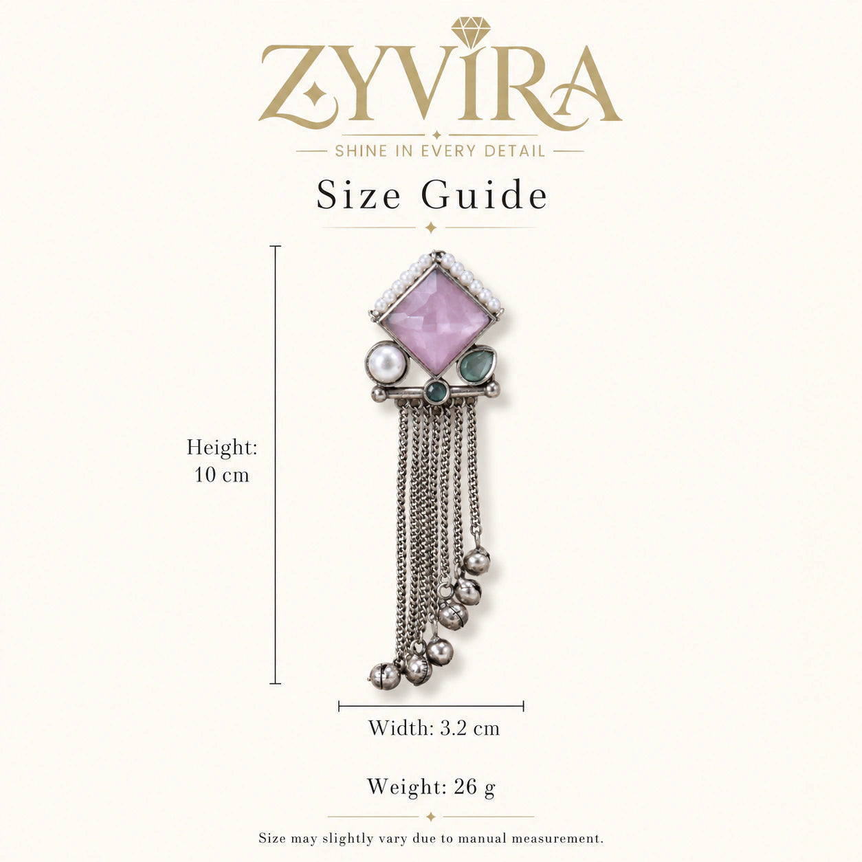 Size guide showing the proportions of pink pearl-style dangle earrings