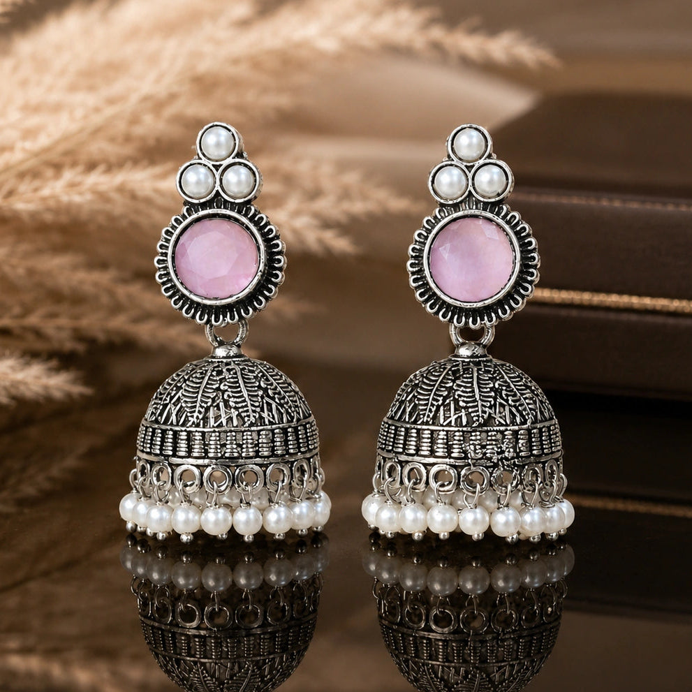 German silver pink pearl-style jhumka earrings