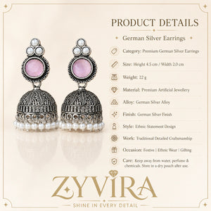 Product details card for German silver pink pearl-style jhumka earrings