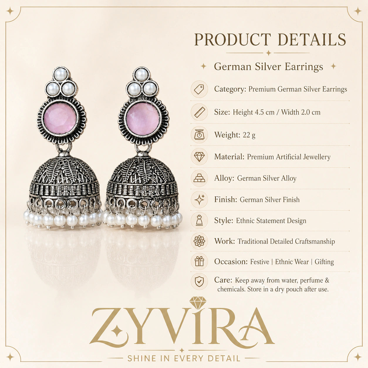 Product details card for German silver pink pearl-style jhumka earrings