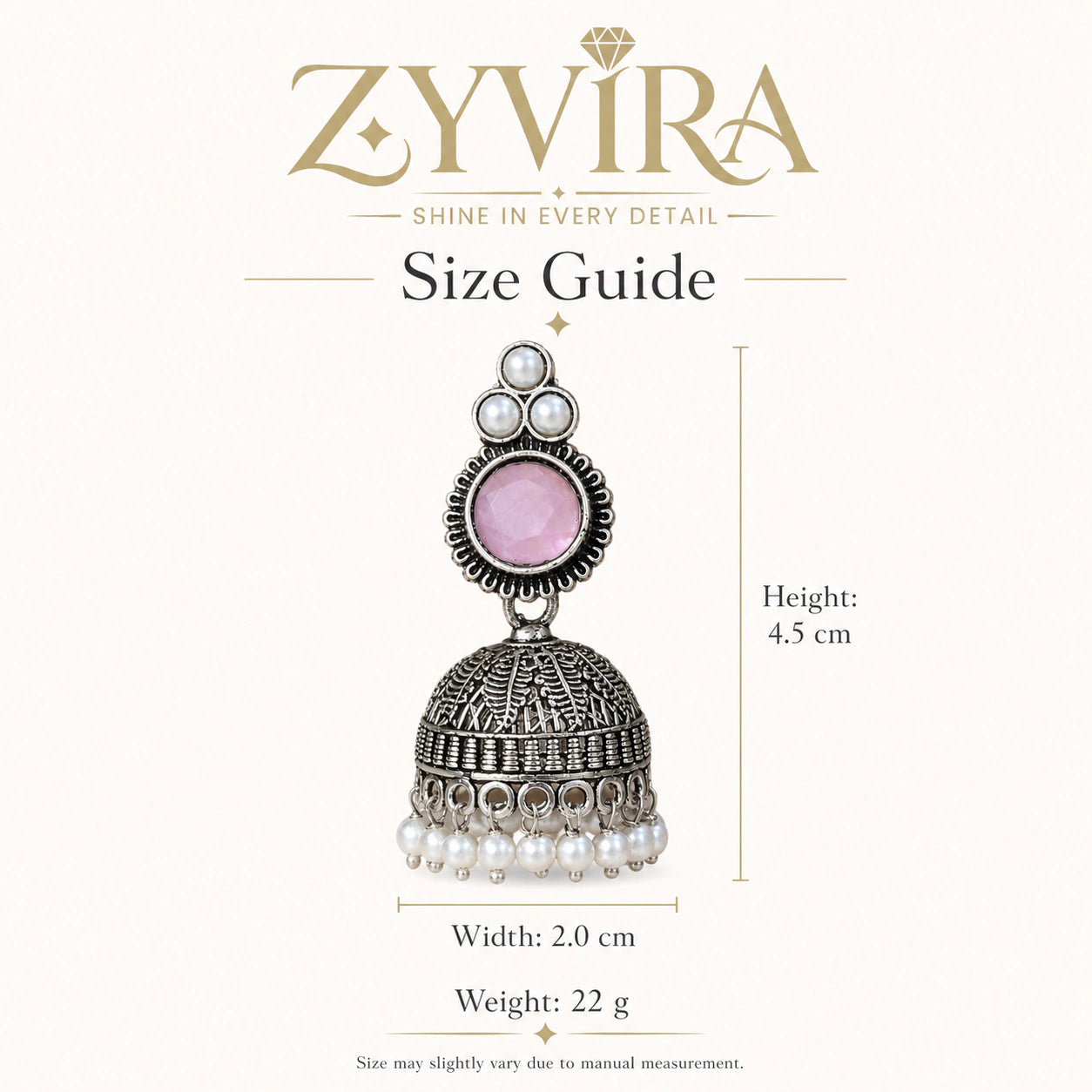 Size guide showing the proportions of pink pearl-style jhumka earrings