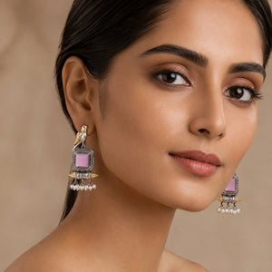 Alternate product view of German silver pink-stone bird pearl earrings
