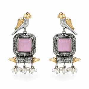 German silver pink-stone bird pearl dangle earrings