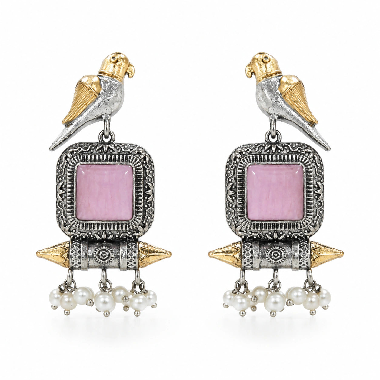 German silver pink-stone bird pearl dangle earrings