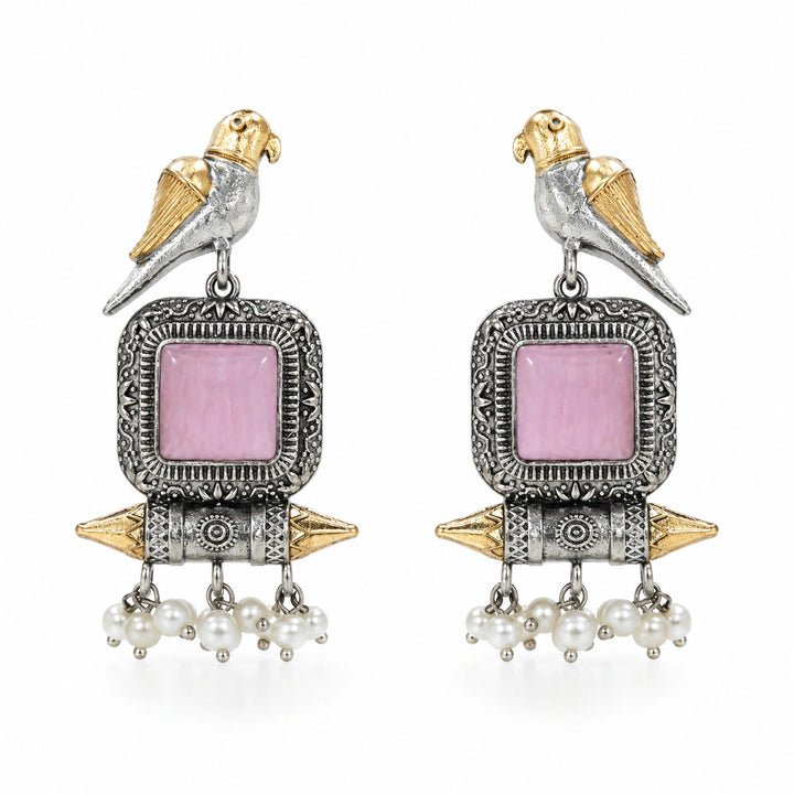 German silver pink-stone bird pearl dangle earrings