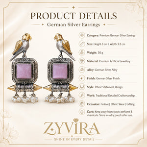 Product details card for German silver pink-stone bird pearl dangle earrings