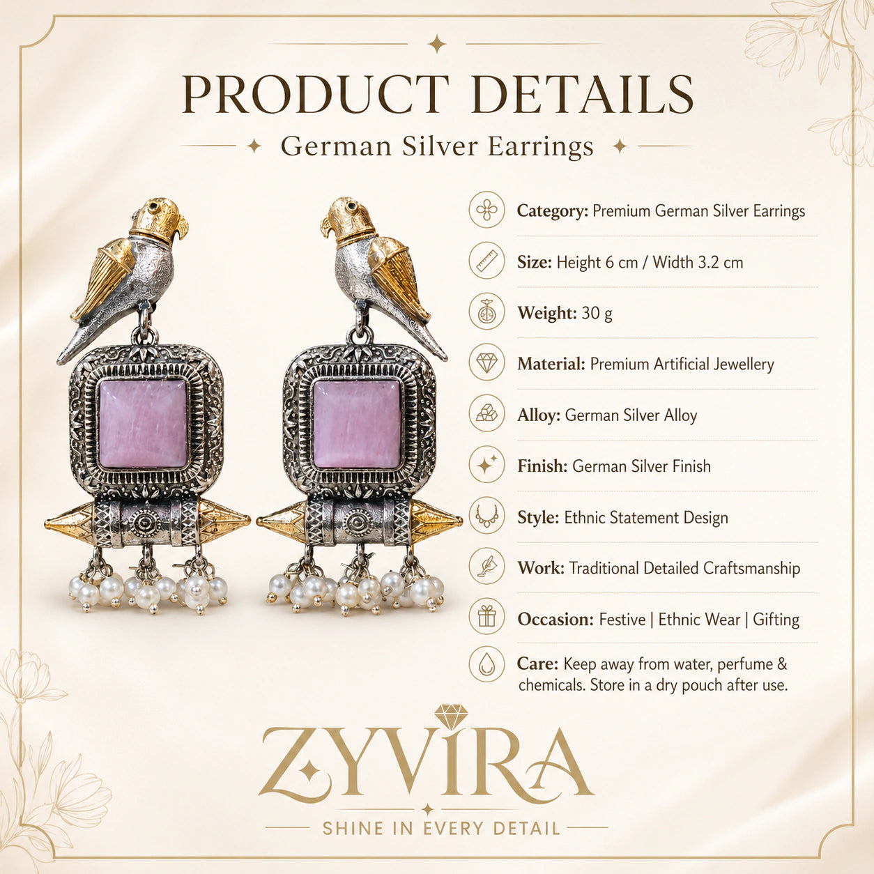 Product details card for German silver pink-stone bird pearl dangle earrings