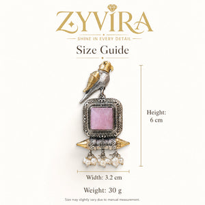 Size guide showing the proportions of pink-stone bird pearl dangle earrings