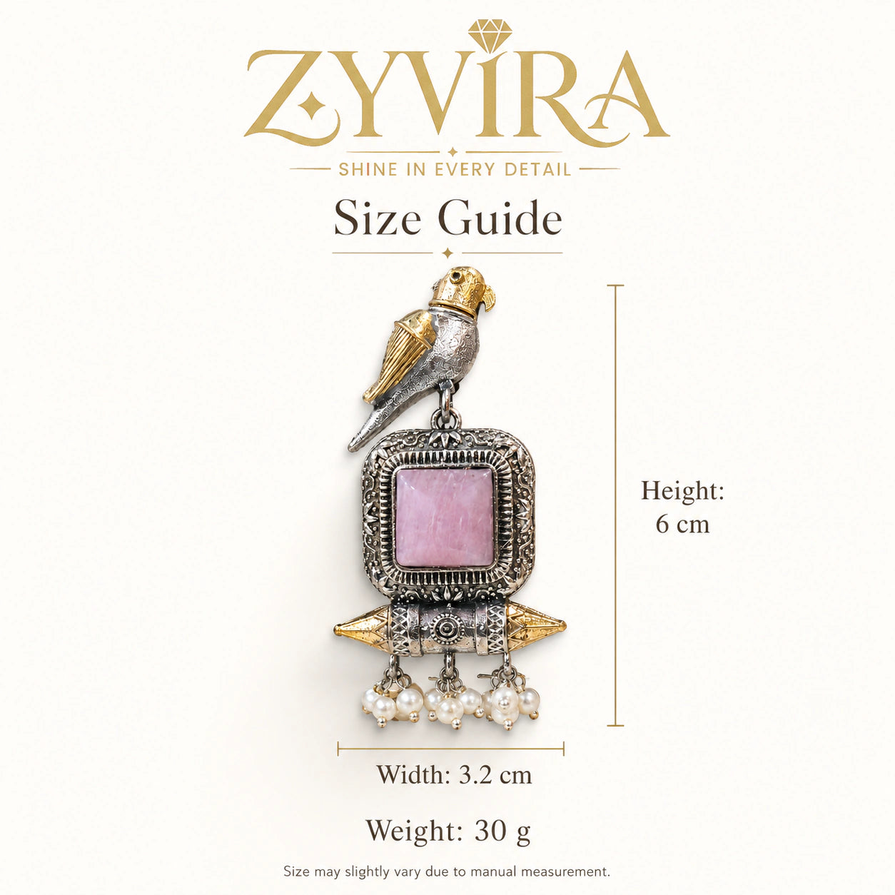 Size guide showing the proportions of pink-stone bird pearl dangle earrings