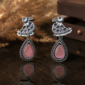 German silver pink teardrop pearl-style bird dangle earrings