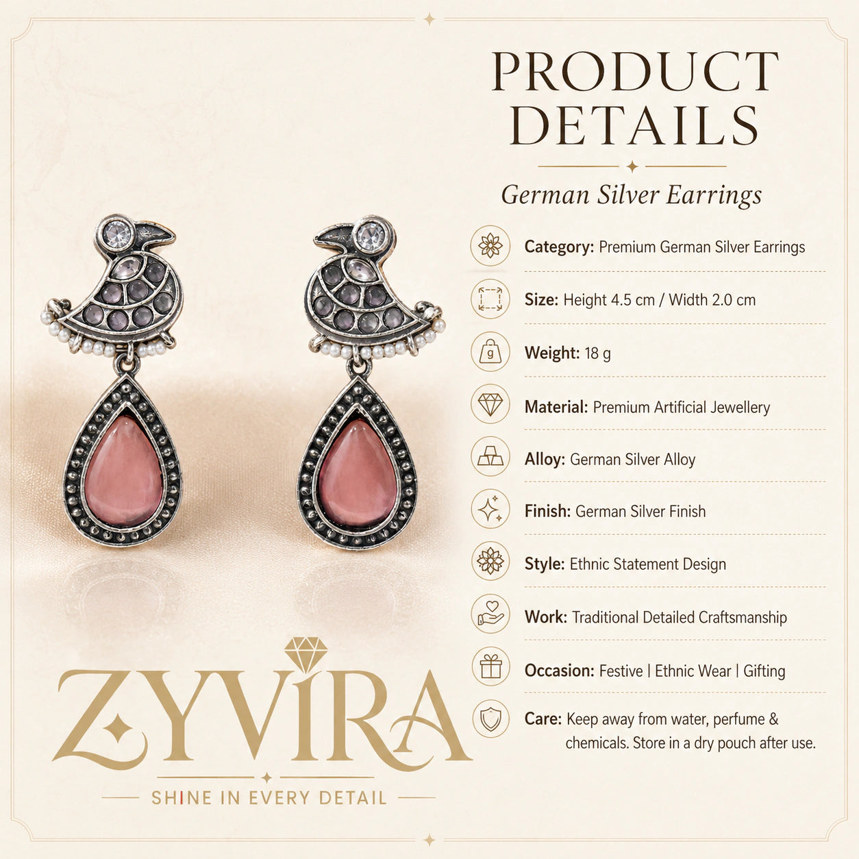 Product details card for German silver pink teardrop bird pearl-style dangle earrings