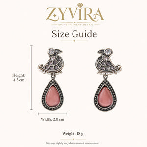 Size guide showing the proportions of pink teardrop bird pearl-style dangle earrings
