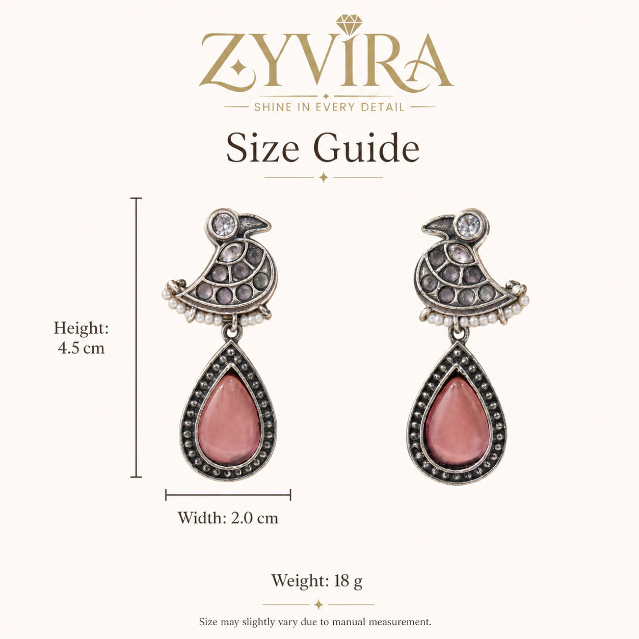 Size guide showing the proportions of pink teardrop bird pearl-style dangle earrings