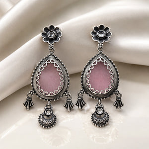 German silver pink teardrop floral dangle earrings