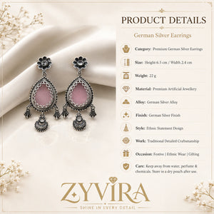 Product details card for German silver pink teardrop floral dangle earrings