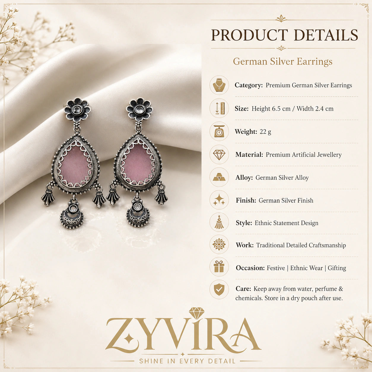 Product details card for German silver pink teardrop floral dangle earrings