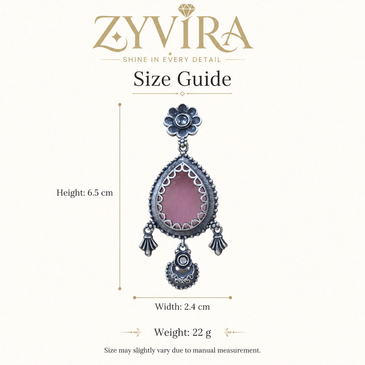 Size guide showing the proportions of pink teardrop floral dangle earrings