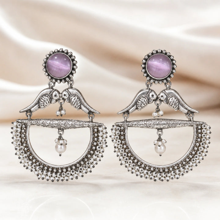 German silver purple bird pearl chandelier earrings