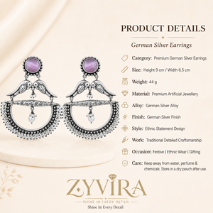 Product details card for German silver purple bird pearl chandelier earrings