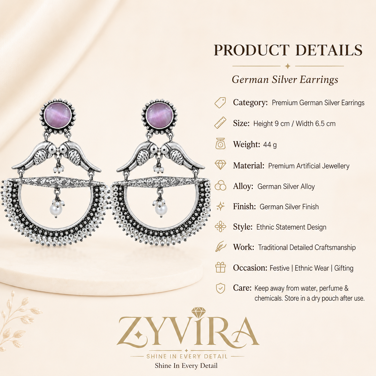 Product details card for German silver purple bird pearl chandelier earrings